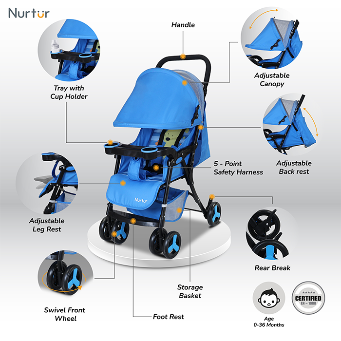 Nurtur Ryder Ultra Compact Lightweight Baby Travel Stroller with Storage Basket, Detachable Food Tray, Reclining Seat and Leg Rest, 0-36 Months, , Light Blue Printed