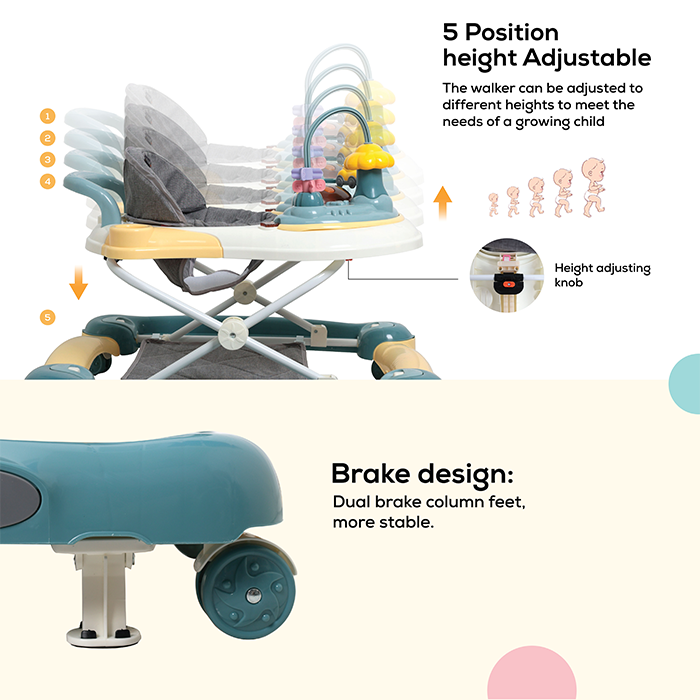 Nurtur 2 In 1 Baby Walker, Music, 5 Height Adjustments W/Canopy - Blue