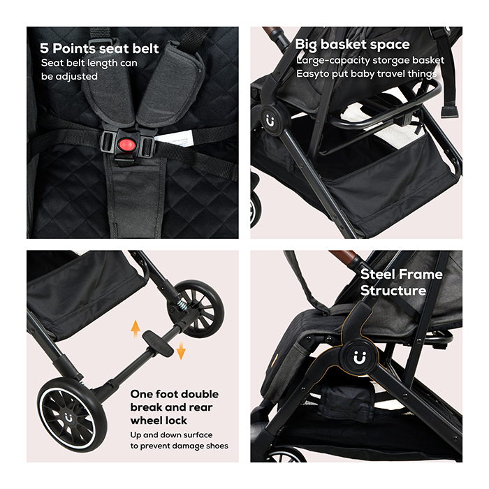 Nurtur Bravo Plus Baby Stroller 0 to 36 months, Storage Basket, Leatherette details, One -hand fold design, 5 Point Safety Harness, EVA wheels - Black