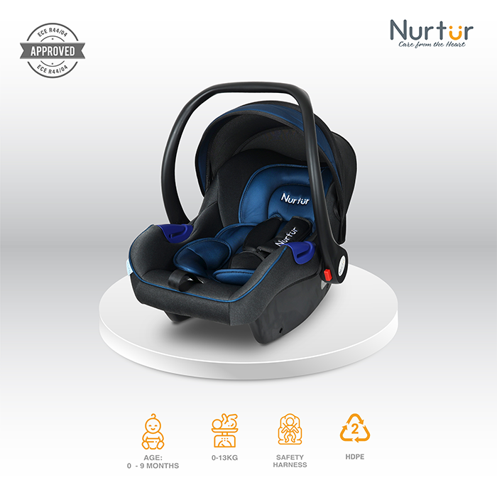Nurtur Nemo Baby Carrier - Adjustable Canopy and Handle - Extra Protection – 3 -Point Safety Harness - Suitable from 0 months to 12 months, Upto 13kg, Black/Blue