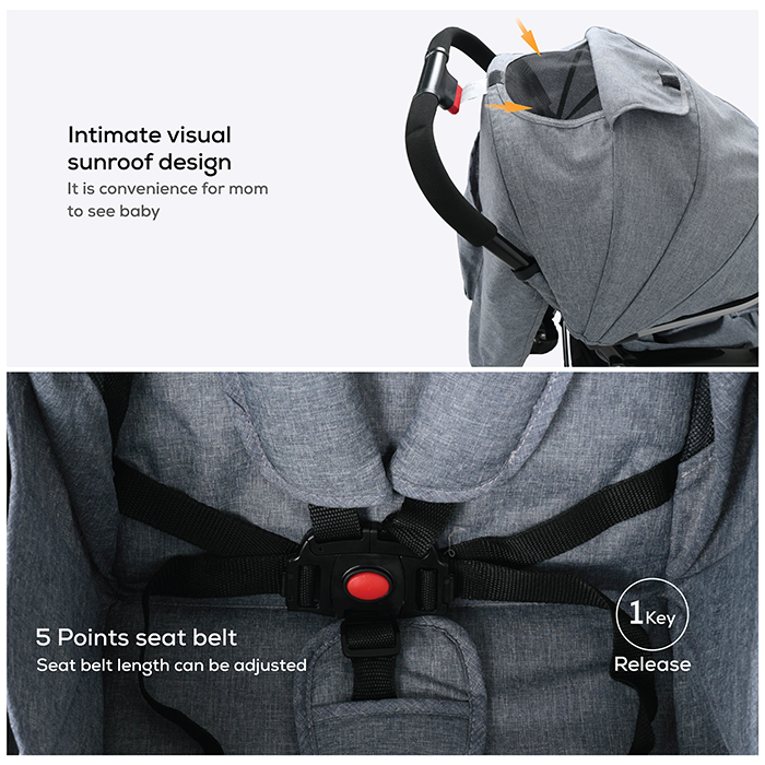 Nurtur Bliss Ultra Compact Lightweight Baby Travel Stroller with Storage Basket, Detachable Food Tray, Reclining Seat and Leg Rest, 0-36 Months, Grey