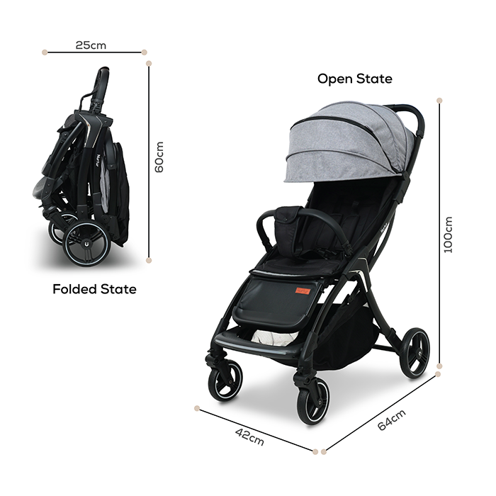 Nurtur Aspen Baby Stroller 0 to 36 months, Storage Basket, Leatherette details, One -hand fold design, 5 Point Safety Harness, EVA wheels - Black/Grey