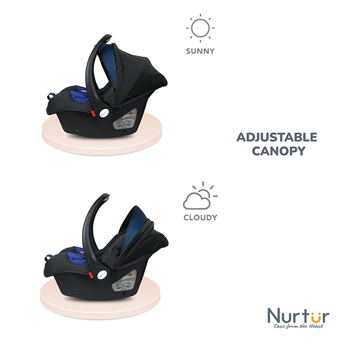 Nurtur Nemo Baby Carrier - Adjustable Canopy and Handle - Extra Protection – 3 -Point Safety Harness - Suitable from 0 months to 12 months, Upto 13kg, Black/Blue
