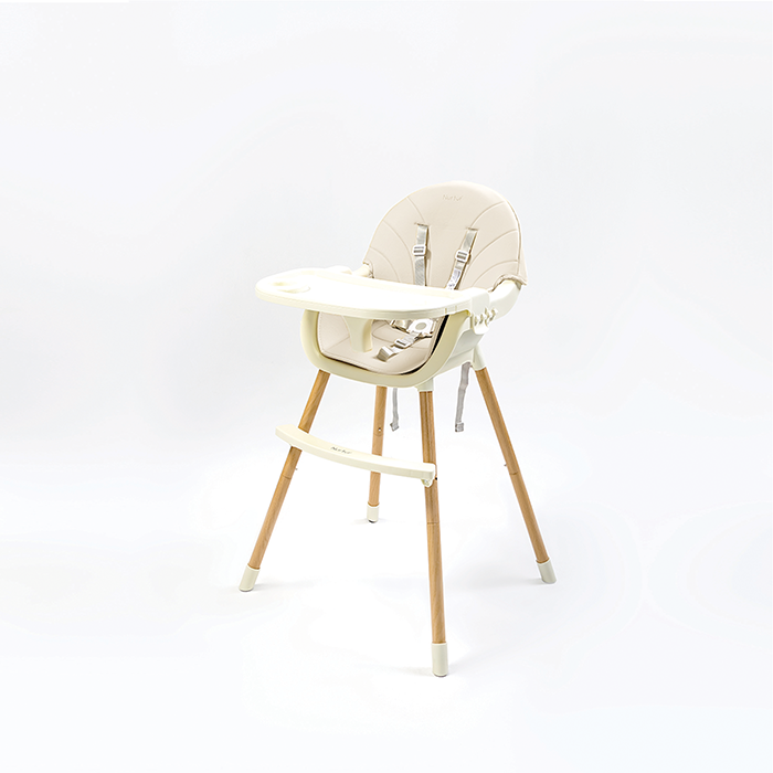 Nurtur 2 in 1High chair, adjustable height, wooden finish, with padded cushioning, Detachable Tray, footrest included - Beige
