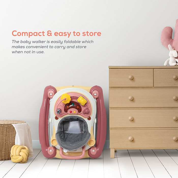 Nurtur 2 In 1 Baby Walker, Music, 5 Height Adjustments W/Canopy - Pink