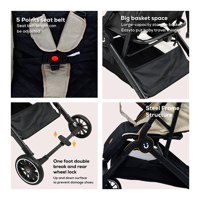 Nurtur Bravo Plus Baby Stroller 0 to 36 months, Storage Basket, Leatherette details, One -hand fold design, 5 Point Safety Harness, EVA wheels - Black/Grey