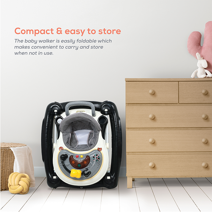 Nurtur 2 In 1 Baby Walker, Music, 5 Height Adjustments W/Canopy - Black