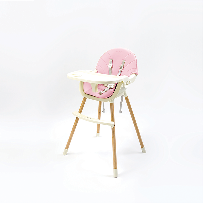 Nurtur 2 in 1High chair, adjustable height, wooden finish, with padded cushioning, Detachable Tray, footrest included - Pink
