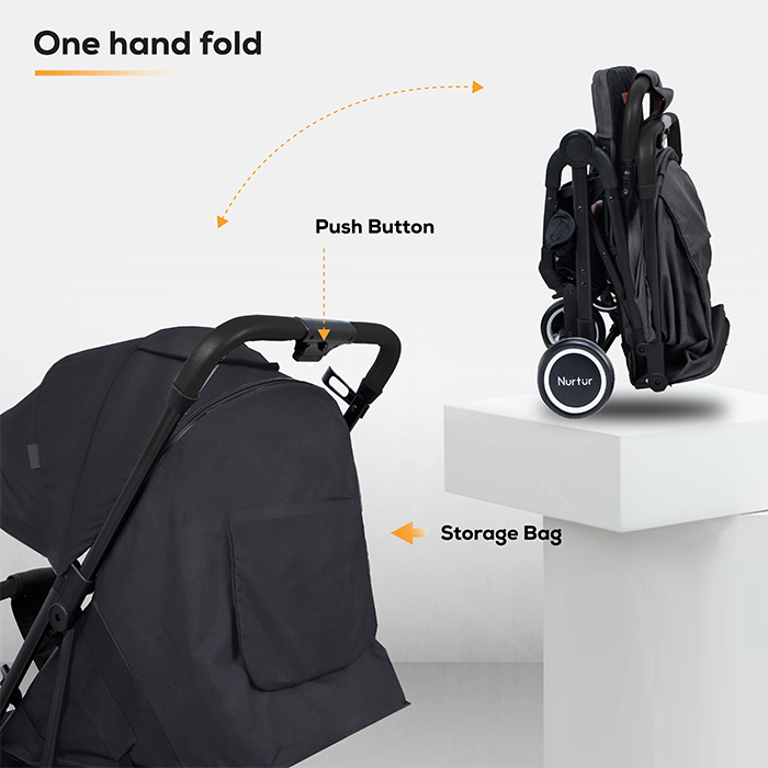 Nurtur Plus Travel System - Stroller with Baby Carrier, 0 36 months, Storage Basket, Detachable Bumper, 5 Point Safety Harness, Compact Foldable Design, Black
