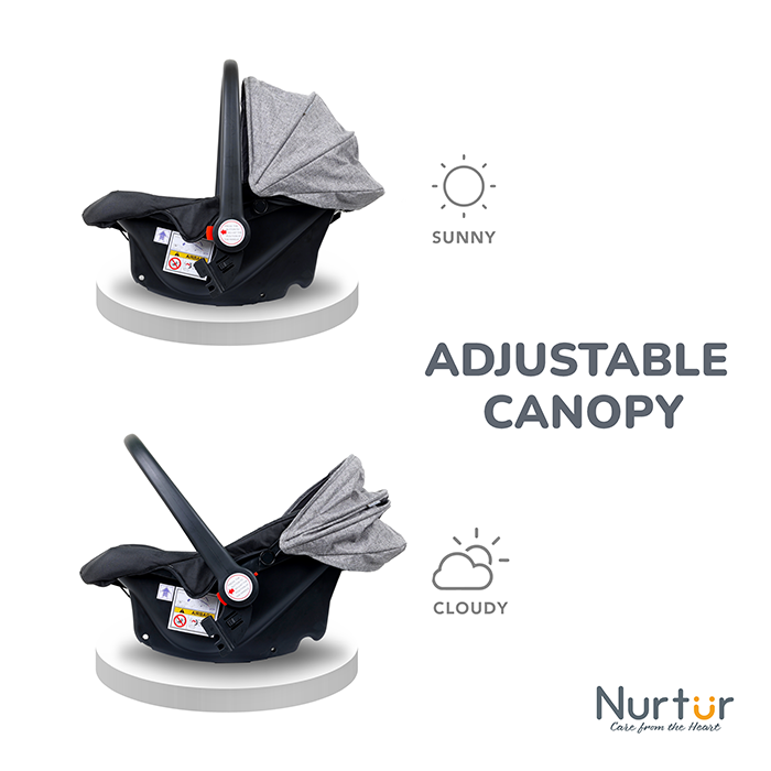 Nurtur Plus Travel System - Stroller with Baby Carrier, 0 36 months, Storage Basket, Detachable Bumper, 5 Point Safety Harness, Compact Foldable Design, Grey