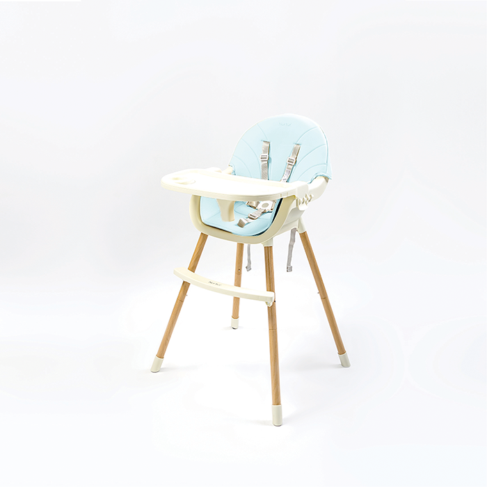 Nurtur 2 in 1High chair, adjustable height, wooden finish, with padded cushioning, Detachable Tray, footrest included - Blue