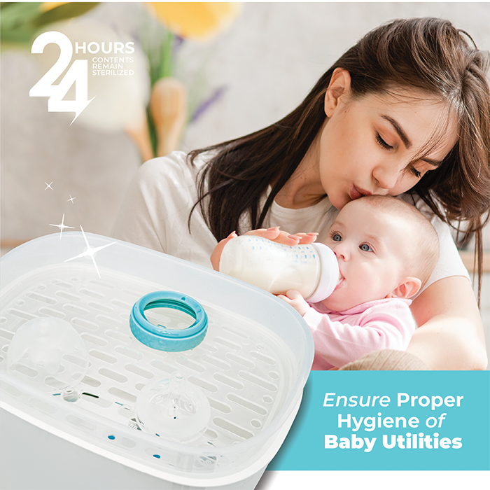 Nurtur Steri Modular Sterilizer dryer, Auto Steam and Dry baby bottles and accessories, 8 bottle capacity, mnodular design, auto shut off, UK Plug, led Timer Function