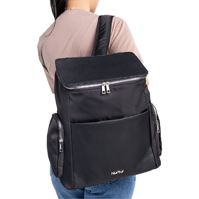 Nurtur Aura Maternity Diaper Bag PU Leather and Nylon Fashion Bagpack Bag Multifunction Travel Bag with insulator bottle warming pocket and changing pad - Black