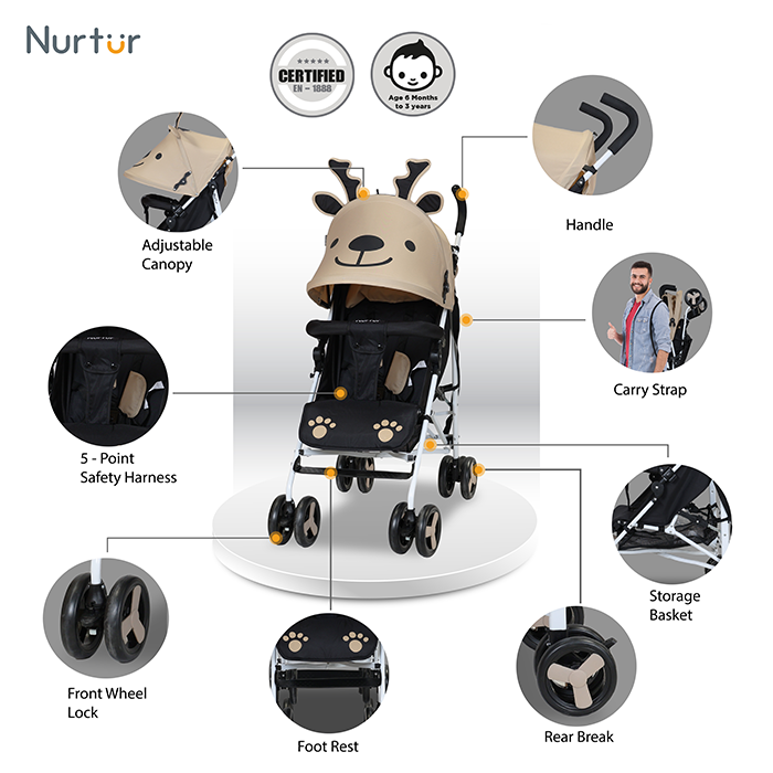Nurtur Luca Character Baby/Kids Lightweight Stroller 0 36 Months, Storage Basket, Detachable Bumper, 5 Point Safety Harness, Compact Design with shoulder strap - Sand