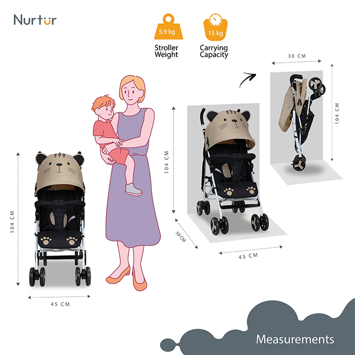 Nurtur Luca Character Baby/Kids Lightweight Stroller 0 36 Months, Storage Basket, Detachable Bumper, 5 Point Safety Harness, Compact Design with shoulder strap - Brown