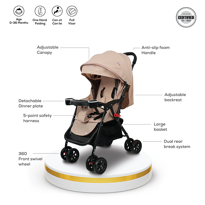 Nurtur Bliss Ultra Compact Lightweight Baby Travel Stroller with Storage Basket, Detachable Food Tray, Reclining Seat and Leg Rest, 0-36 Months, Sand