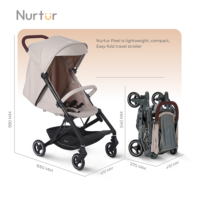 Nurtur Pixel Baby/Kids Travel Cabin Stroller, Aluminium Alloy, leatherette details, 0 36 months, Storage Basket, Detachable Bumper, 5 Point Safety Harness, Compact Foldable Design, Grey