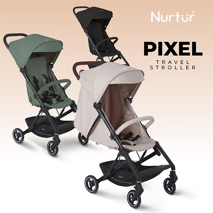 Nurtur Pixel Baby/Kids Travel Cabin Stroller, Aluminium Alloy, leatherette details, 0 36 months, Storage Basket, Detachable Bumper, 5 Point Safety Harness, Compact Foldable Design, Sand