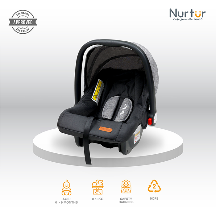 Nurtur Plus Travel System - Stroller with Baby Carrier, 0 36 months, Storage Basket, Detachable Bumper, 5 Point Safety Harness, Compact Foldable Design, Grey