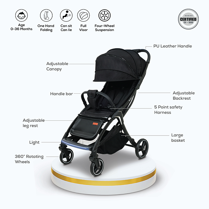 Nurtur Aspen Baby Stroller 0 to 36 months, Storage Basket, Leatherette details, One -hand fold design, 5 Point Safety Harness, EVA wheels - Black/Grey