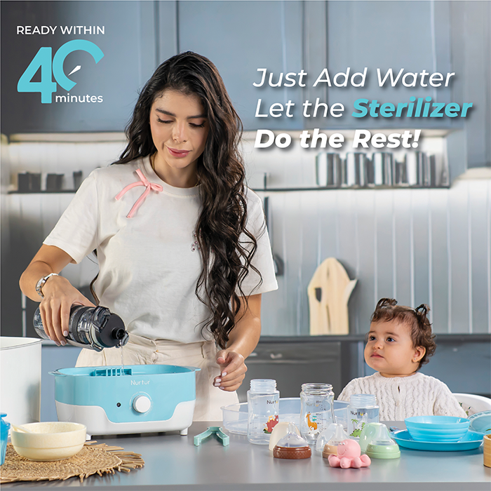 Nurtur Steri Modular Sterilizer dryer, Auto Steam and Dry baby bottles and accessories, 8 bottle capacity, mnodular design, auto shut off, UK Plug, led Timer Function