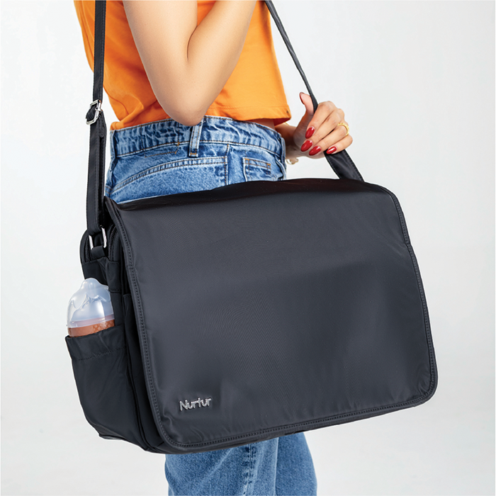 Nurtur Metro Messenger Diaper Bag Fashion Tote Bag Multifunction Travel Bag with insulator bottle warming pocket and changing pad - Black