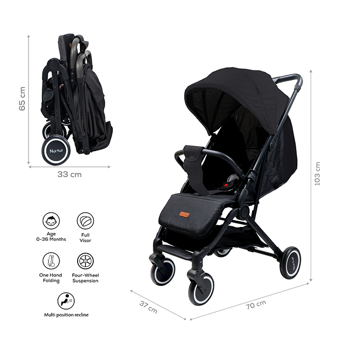 Nurtur Plus Travel System - Stroller with Baby Carrier, 0 36 months, Storage Basket, Detachable Bumper, 5 Point Safety Harness, Compact Foldable Design, Black