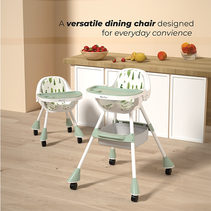 Nurtur 2-In-1 Baby Highchairs with Adjustable Legs Convertible Compact, Light Weight Feeding High Chair with Storage Basket, Lockable Wheels Padded Cushioning, Detachable Tray, Footrest
