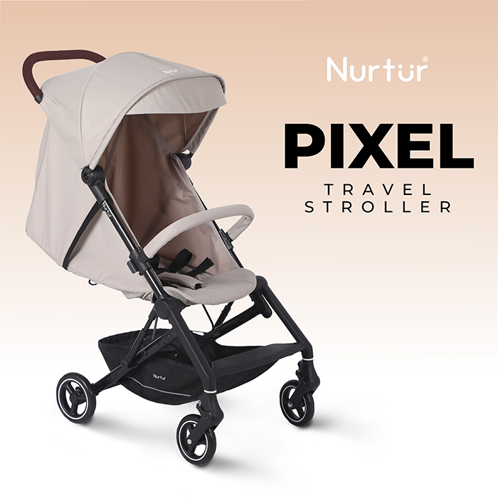Nurtur Pixel Baby/Kids Travel Cabin Stroller, Aluminium Alloy, leatherette details, 0 36 months, Storage Basket, Detachable Bumper, 5 Point Safety Harness, Compact Foldable Design, Grey