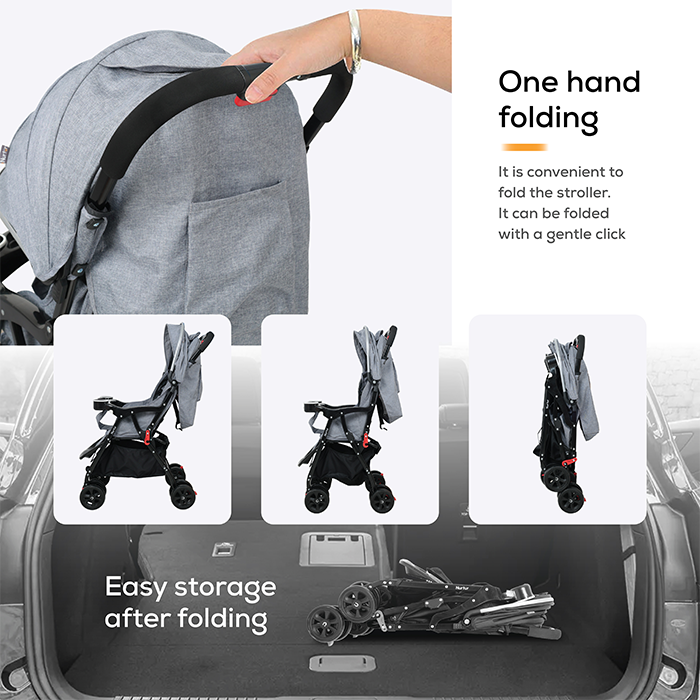 Nurtur Bliss Ultra Compact Lightweight Baby Travel Stroller with Storage Basket, Detachable Food Tray, Reclining Seat and Leg Rest, 0-36 Months, Grey