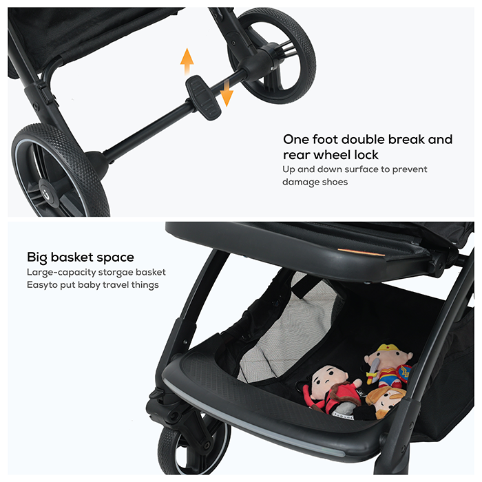 Nurtur Aspen Baby Stroller 0 to 36 months, Storage Basket, Leatherette details, One -hand fold design, 5 Point Safety Harness, EVA wheels - Black/Grey
