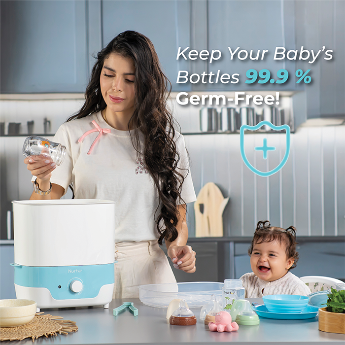 Nurtur Steri Modular Sterilizer dryer, Auto Steam and Dry baby bottles and accessories, 8 bottle capacity, mnodular design, auto shut off, UK Plug, led Timer Function