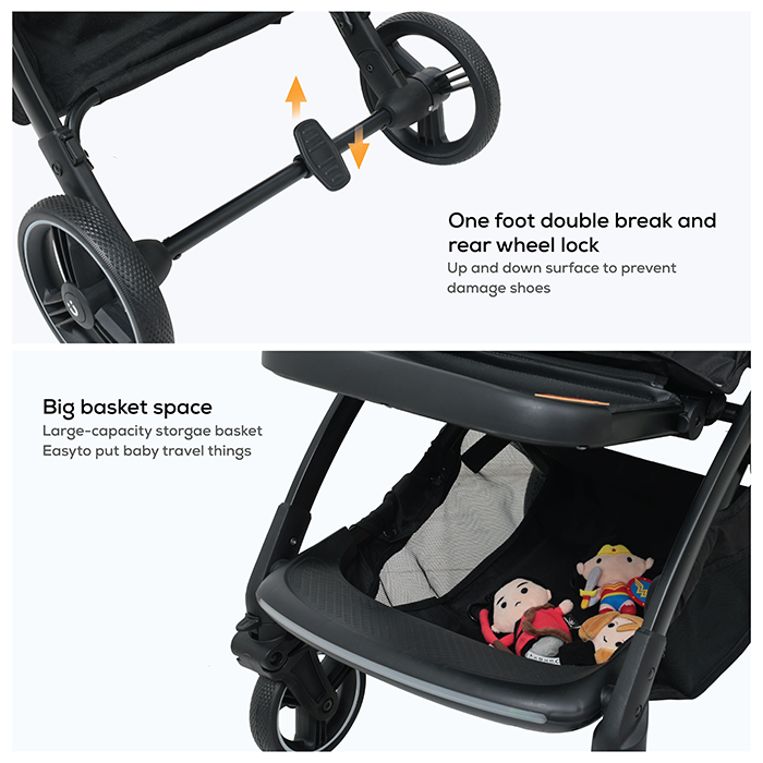 Nurtur Aspen Baby Stroller 0 to 36 months, Storage Basket, Leatherette details, One -hand fold design, 5 Point Safety Harness, EVA wheels - Black/Grey