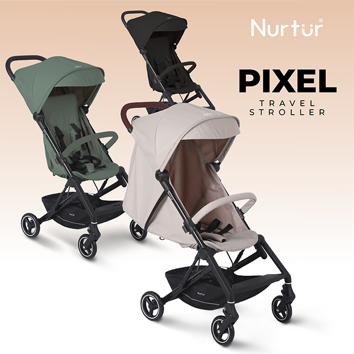 Nurtur Pixel Baby/Kids Travel Cabin Stroller, Aluminium Alloy, leatherette details, 0 36 months, Storage Basket, Detachable Bumper, 5 Point Safety Harness, Compact Foldable Design, Grey