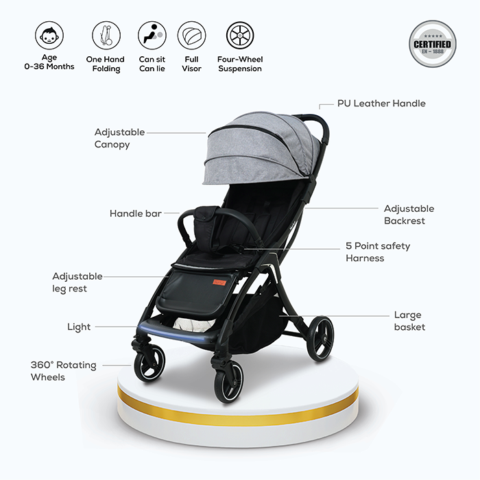 Nurtur Aspen Baby Stroller 0 to 36 months, Storage Basket, Leatherette details, One -hand fold design, 5 Point Safety Harness, EVA wheels - Black/Grey