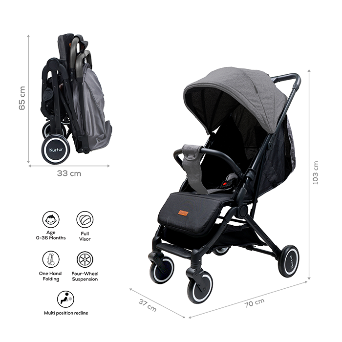 Nurtur Plus Travel System - Stroller with Baby Carrier, 0 36 months, Storage Basket, Detachable Bumper, 5 Point Safety Harness, Compact Foldable Design, Grey