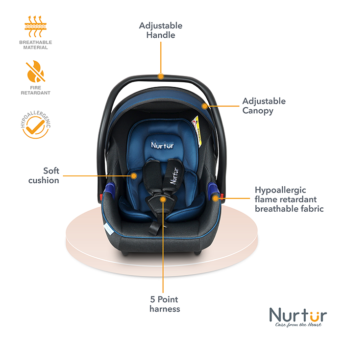 Nurtur Nemo Baby Carrier - Adjustable Canopy and Handle - Extra Protection – 3 -Point Safety Harness - Suitable from 0 months to 12 months, Upto 13kg, Black/Blue