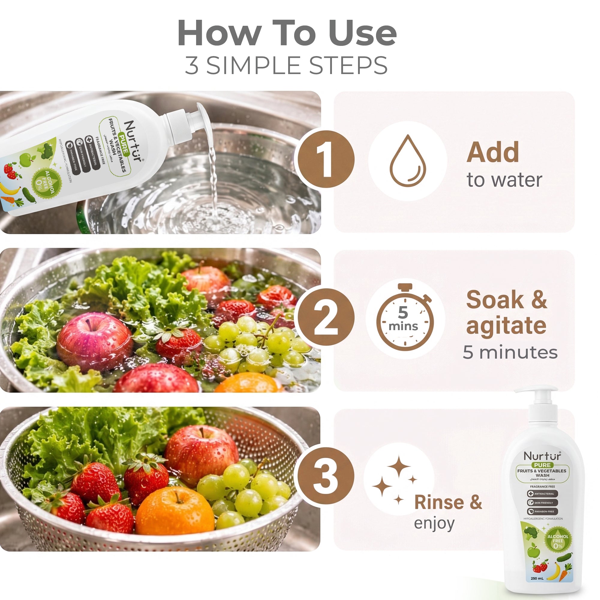 Fruits & Vegetables Wash 250ml, Produce Wash and Cleaner Fragrance-Free, Removes Dirt, Wax & Surface Residue, Food-Safe Fruit Cleaner, Alcohol-Free, Paraben-Free, Baby & Family Safe