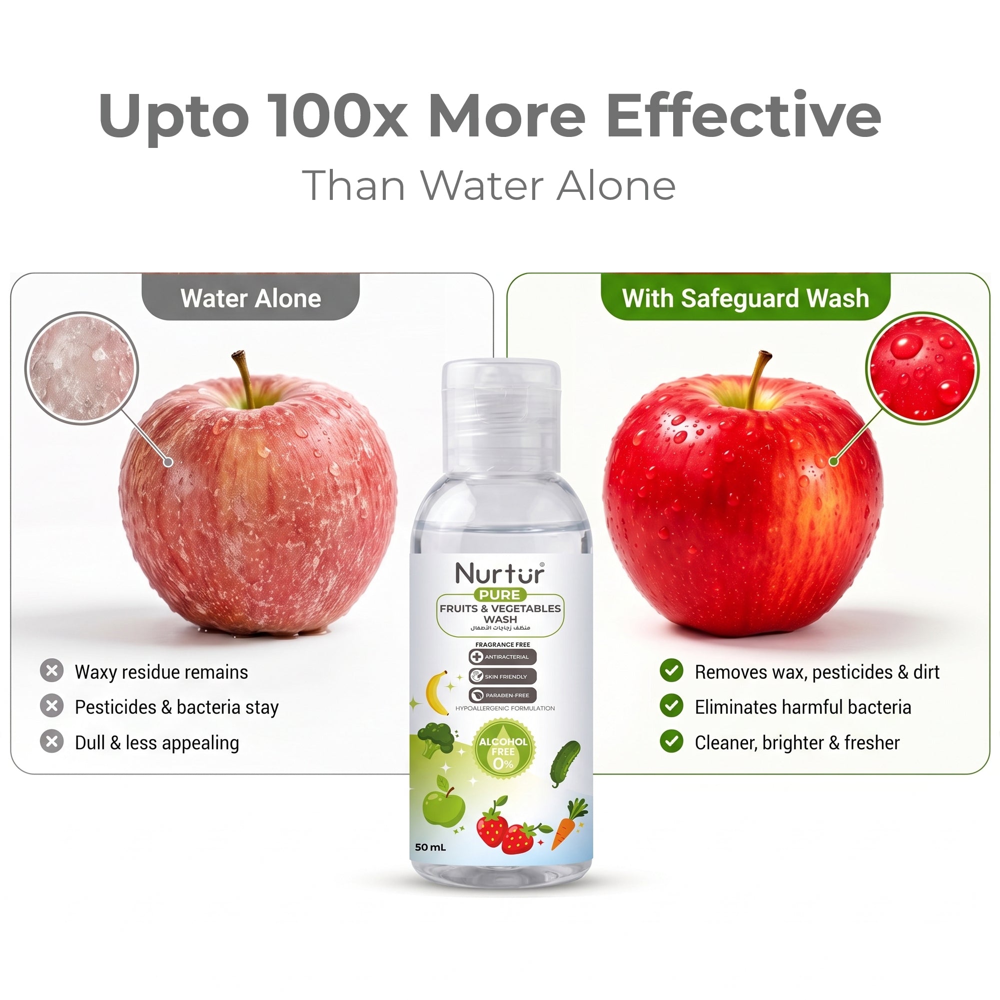 Fruits & Vegetables Wash 50ml, Produce Wash and Cleaner Fragrance-Free, Removes Dirt, Wax & Surface Residue, Food-Safe Fruit Cleaner, Alcohol-Free, Paraben-Free, Baby & Family Safe