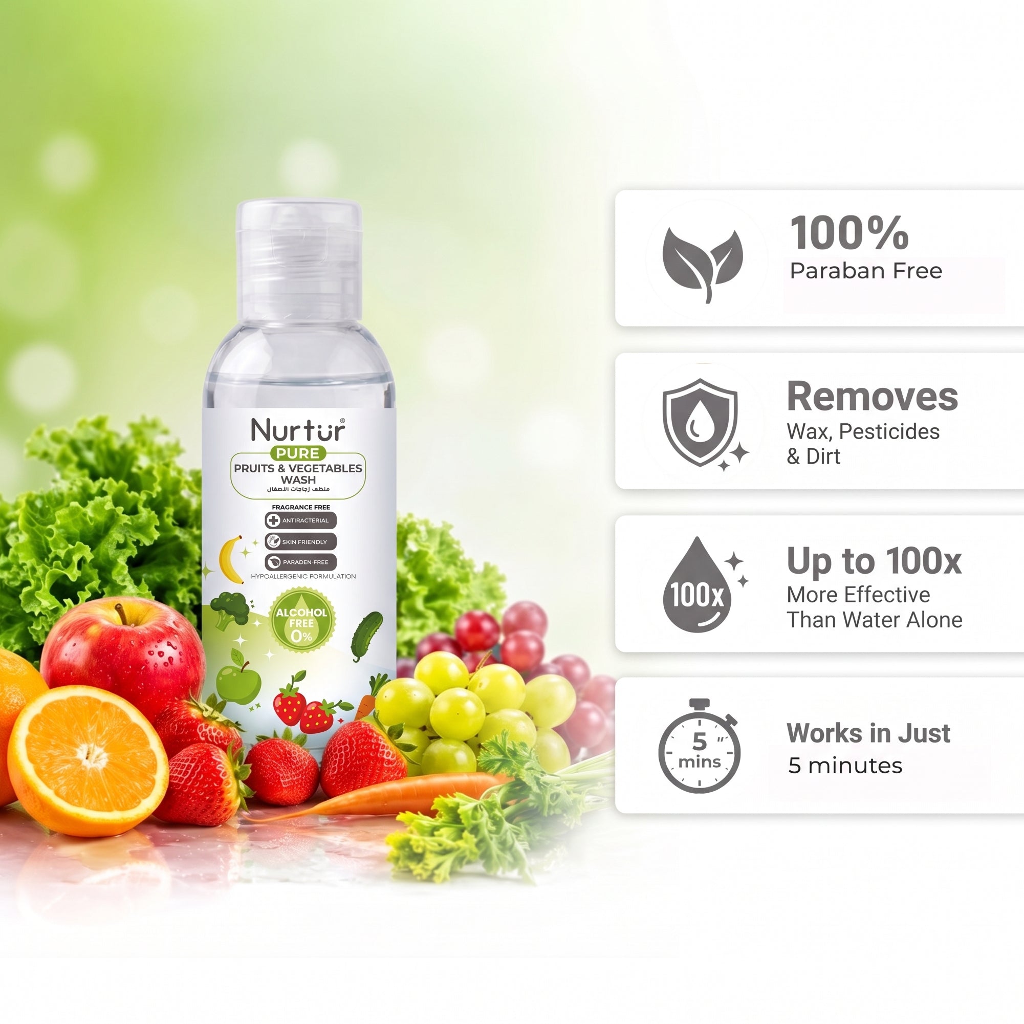 Fruits & Vegetables Wash 50ml, Produce Wash and Cleaner Fragrance-Free, Removes Dirt, Wax & Surface Residue, Food-Safe Fruit Cleaner, Alcohol-Free, Paraben-Free, Baby & Family Safe