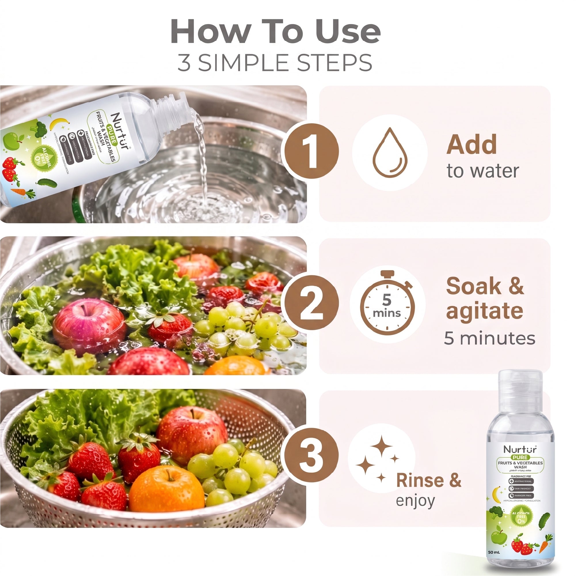 Fruits & Vegetables Wash 50ml, Produce Wash and Cleaner Fragrance-Free, Removes Dirt, Wax & Surface Residue, Food-Safe Fruit Cleaner, Alcohol-Free, Paraben-Free, Baby & Family Safe