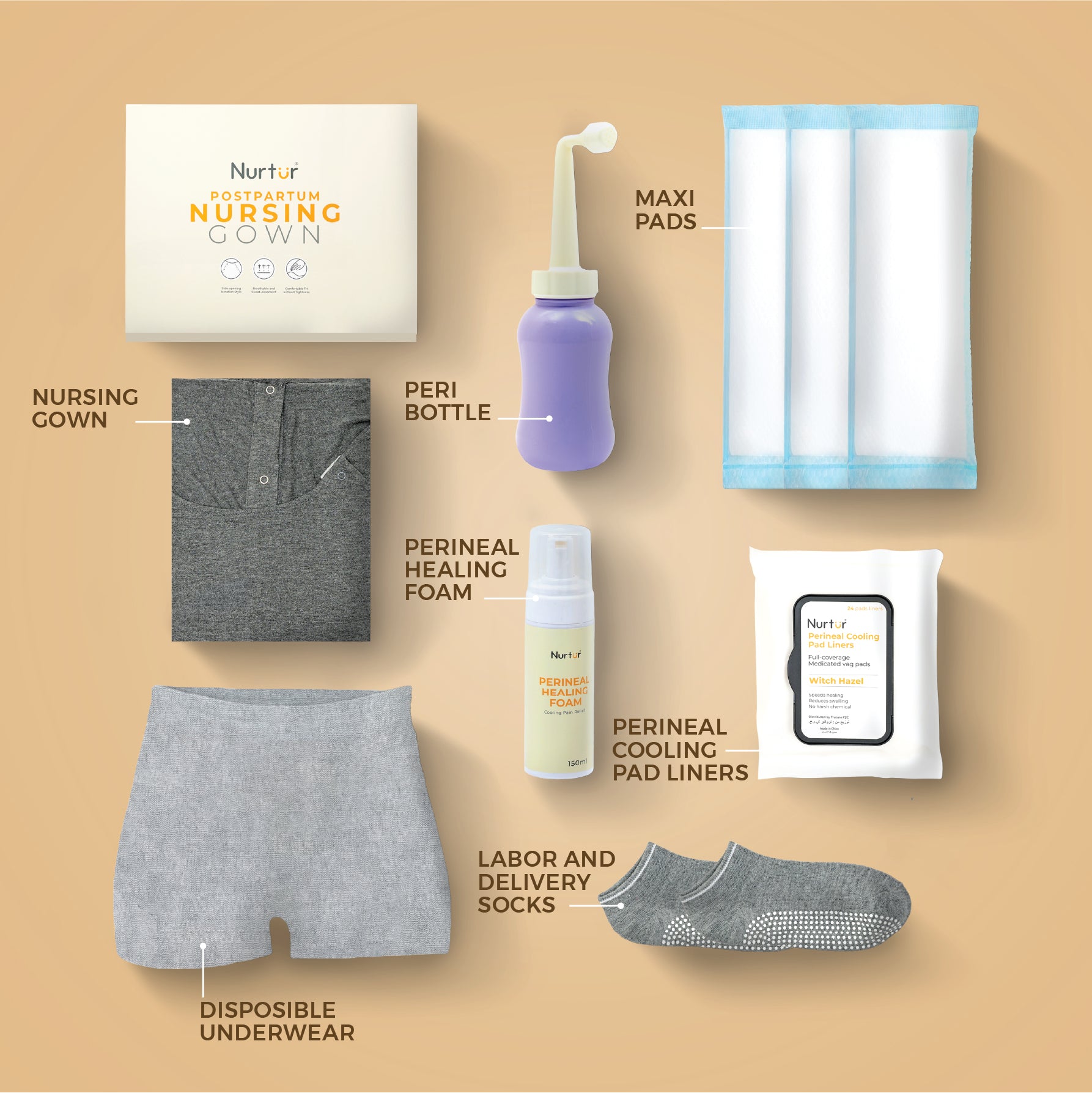 7 in 1 Maternity Care Postpartum Essentials Recovery Kit (Peri bottle-1pc,Disposable Underwear-5pcs,Cooling pad-4pcs & perineal wipes-1pack,Perineal Healing Foam-1pc,Gown-1pc,Socks-1pair)