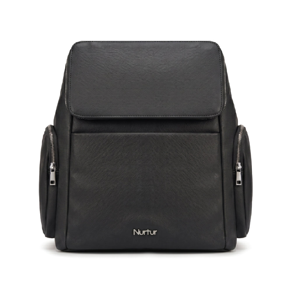 Aura Baby Diaper Bag Elegant Vegan Leather Bag with Insulated Bottle Pockets Black