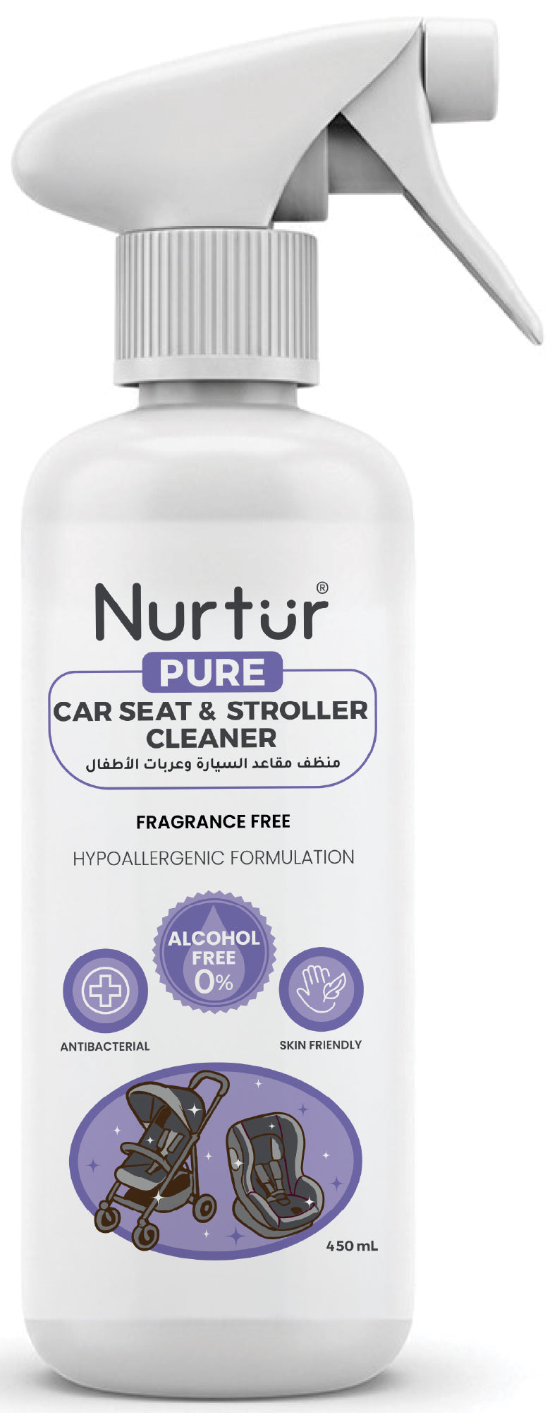 Car Seat & Stroller Cleaner Spray 450mL | Antibacterial, Alcohol Free, Removes Dirt & Stains from Fabric, Plastic & Metal | Safe for Newborns & Babies | 100% Halal Certified