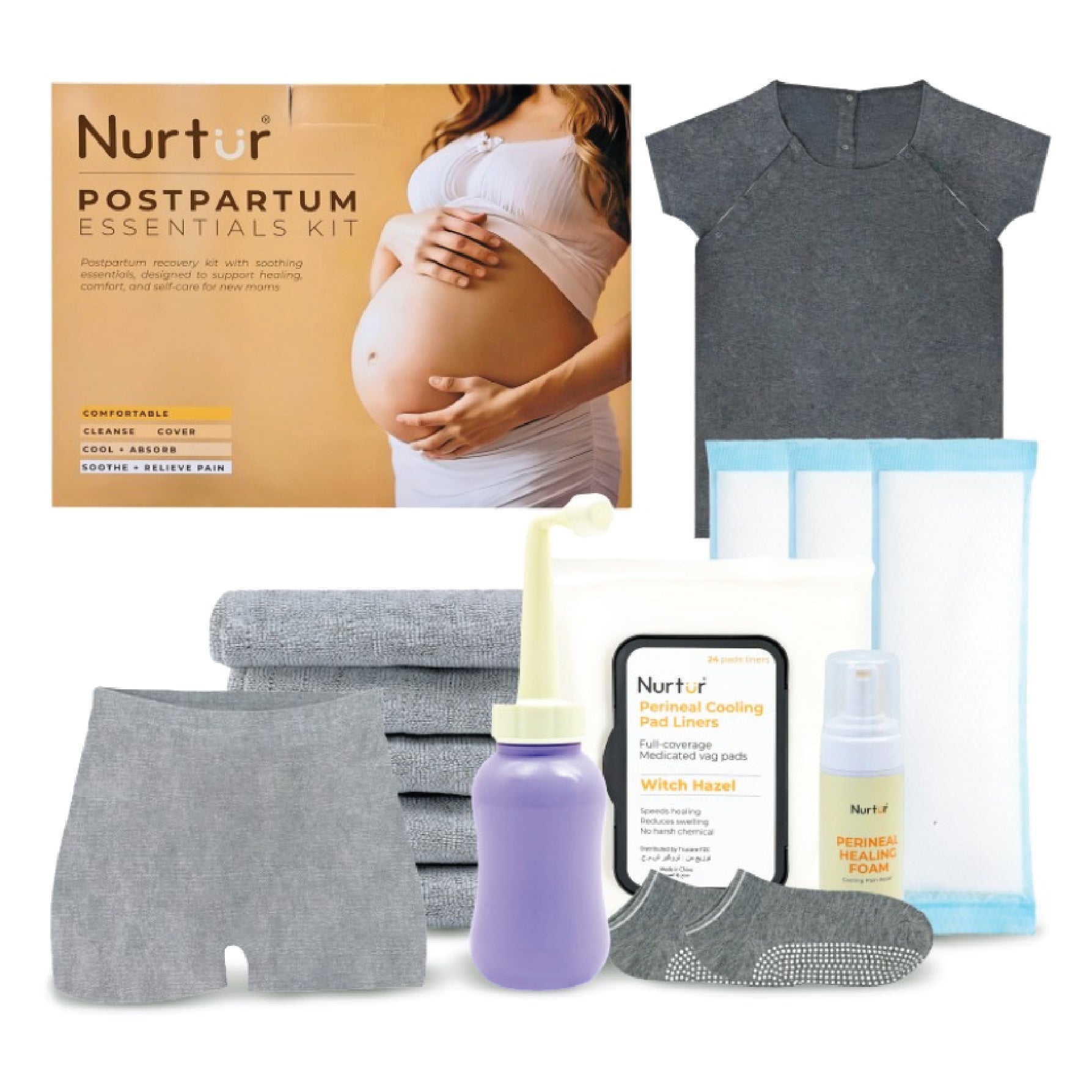 7 in 1 Maternity Care Postpartum Essentials Recovery Kit (Peri bottle-1pc,Disposable Underwear-5pcs,Cooling pad-4pcs & perineal wipes-1pack,Perineal Healing Foam-1pc,Gown-1pc,Socks-1pair)