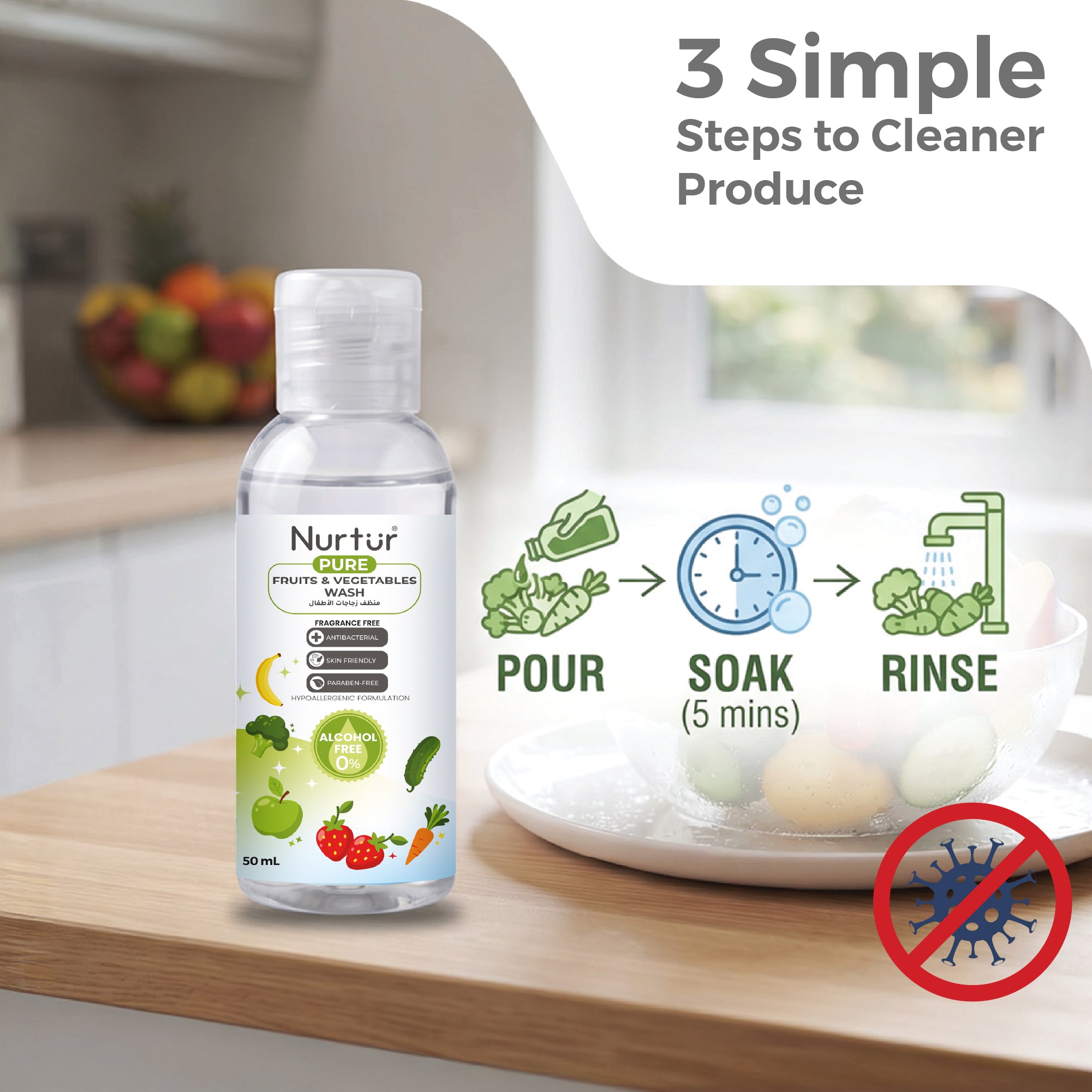 Fruits & Vegetables Wash 50ml, Produce Wash and Cleaner Fragrance-Free, Removes Dirt, Wax & Surface Residue, Food-Safe Fruit Cleaner, Alcohol-Free, Paraben-Free, Baby & Family Safe