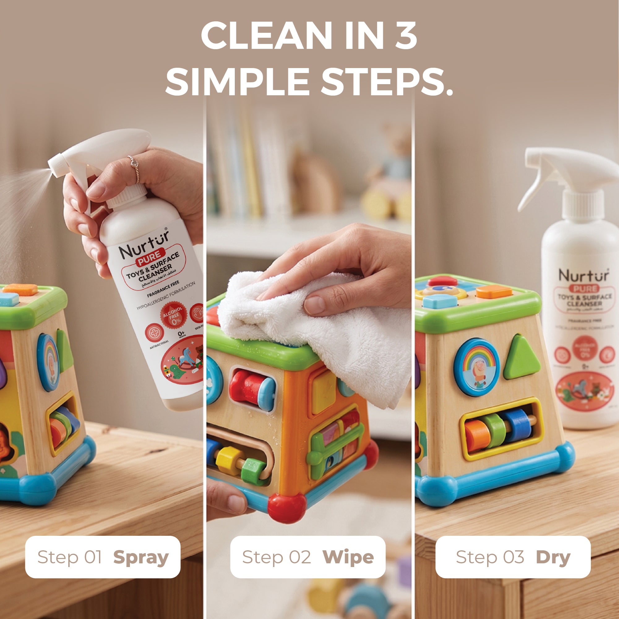 Baby Toy & Surface Cleaner Spray 450ml | Alcohol Free, Antibacterial, Fragrance Free, Halal-Compliant, Safe for Newborns, Keep your Baby's Toys & Surfaces Hygienically Clean 0+ Month