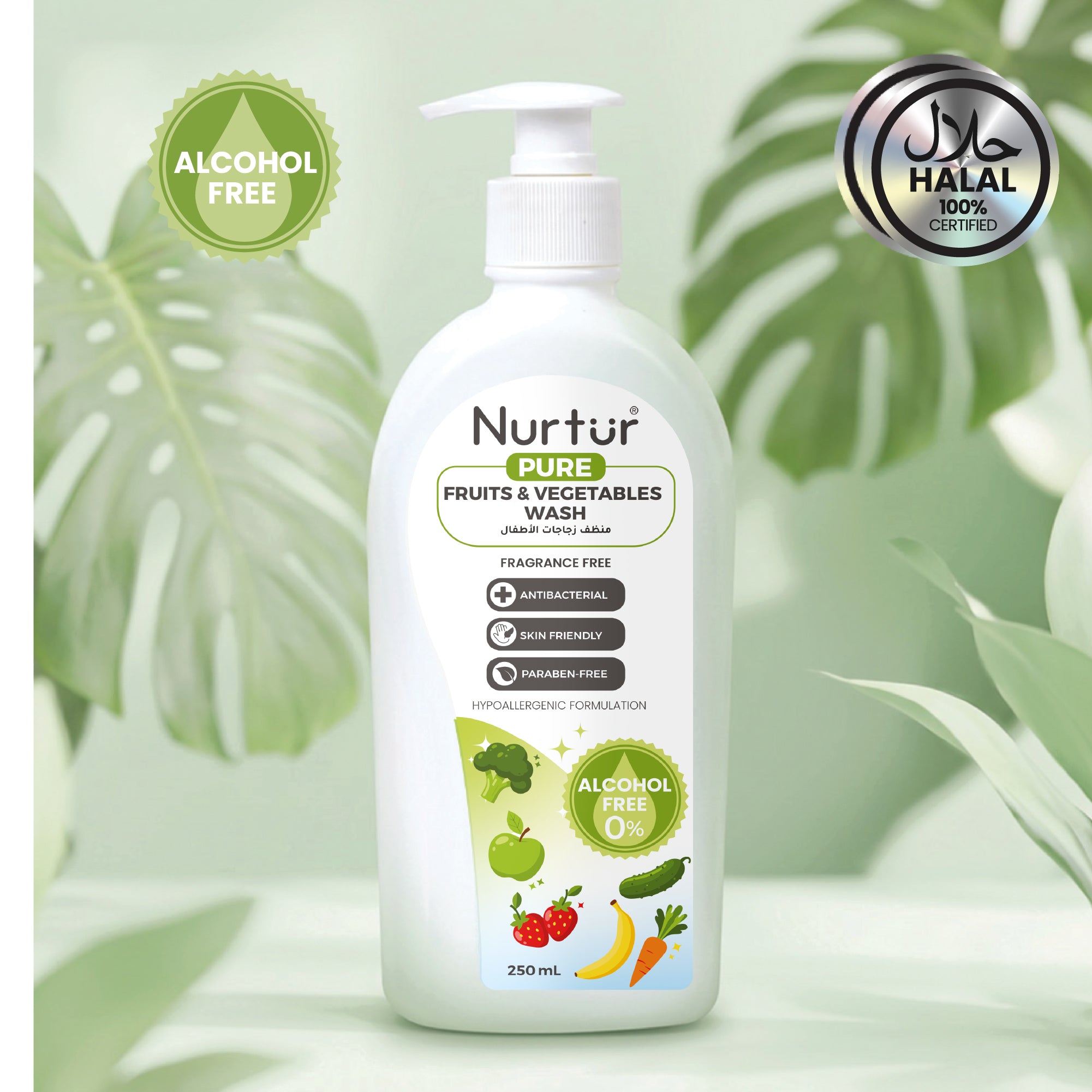 Fruits & Vegetables Wash 250ml, Produce Wash and Cleaner Fragrance-Free, Removes Dirt, Wax & Surface Residue, Food-Safe Fruit Cleaner, Alcohol-Free, Paraben-Free, Baby & Family Safe