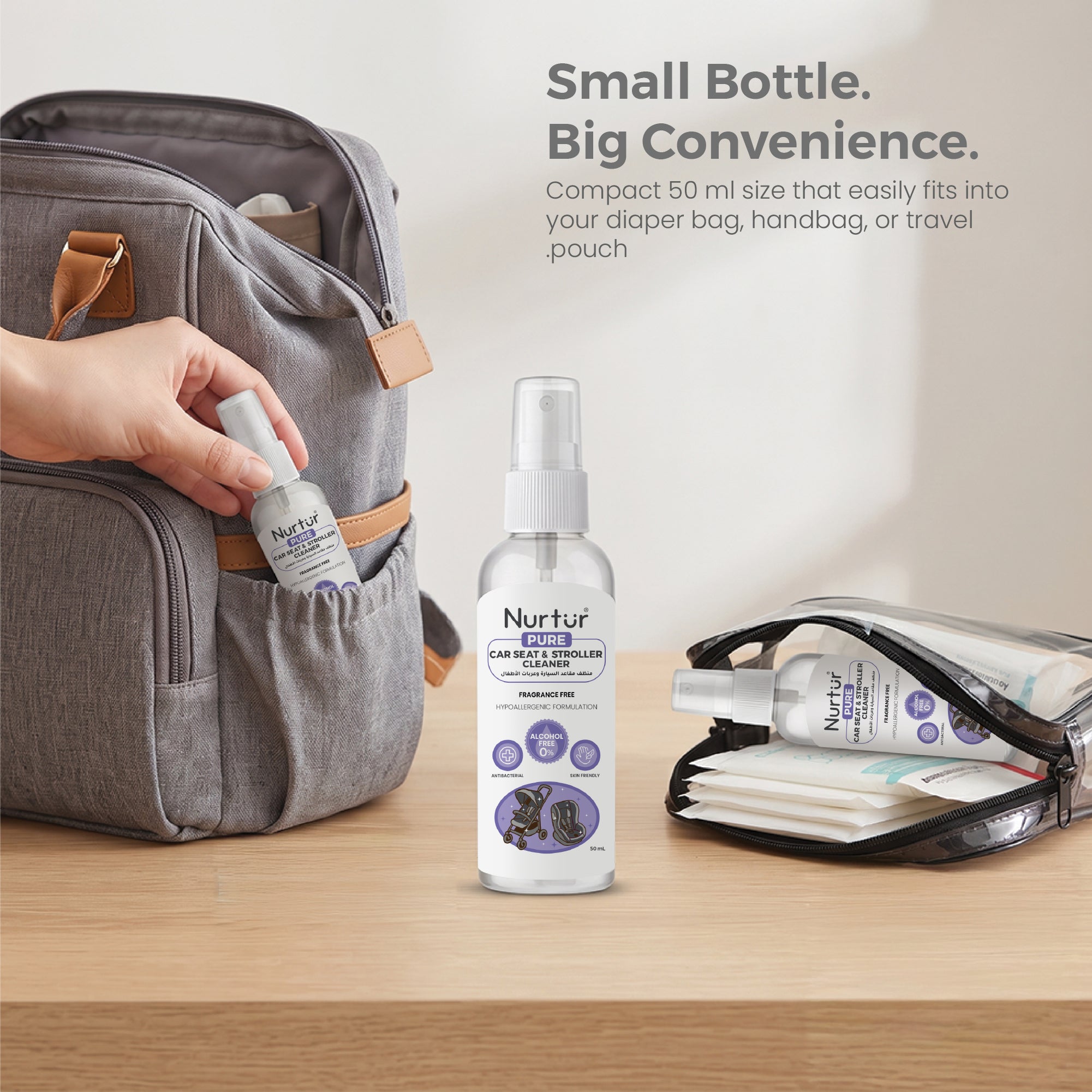 Car Seat & Stroller Cleaner Spray 50mL | Antibacterial, Alcohol Free, Removes Dirt & Stains from Fabric, Plastic & Metal | Safe for Newborns & Babies | 100% Halal Certified