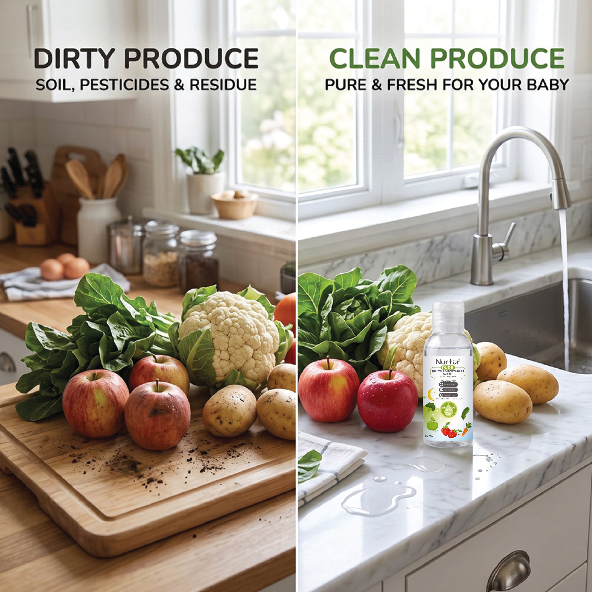 Fruits & Vegetables Wash 50ml, Produce Wash and Cleaner Fragrance-Free, Removes Dirt, Wax & Surface Residue, Food-Safe Fruit Cleaner, Alcohol-Free, Paraben-Free, Baby & Family Safe